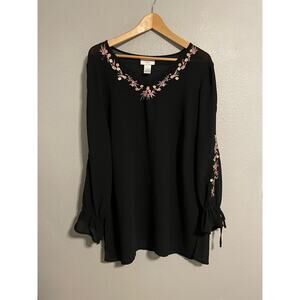 Vintage Worthington Womens Top 1X Black Floral Embroidered 1X Sheer Whimsigoth